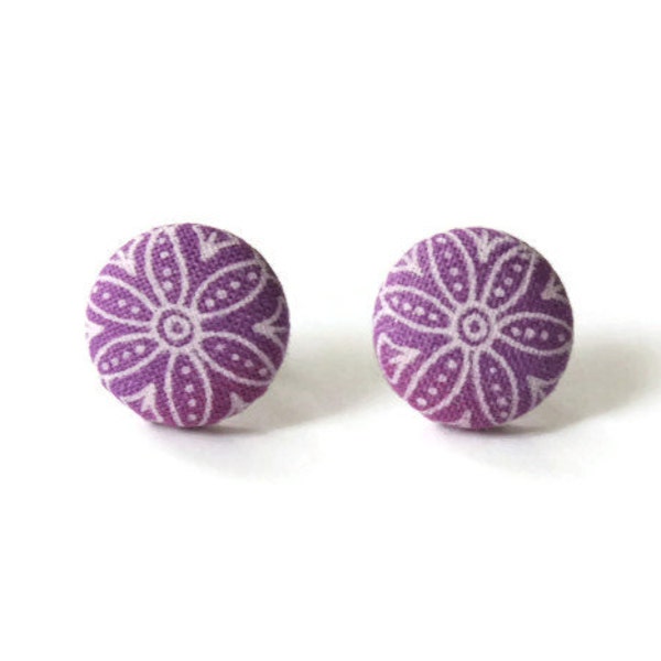 Purple Flower Art Deco Style Fabric Cover Button Earrings Surgical Stainless Steel Posts