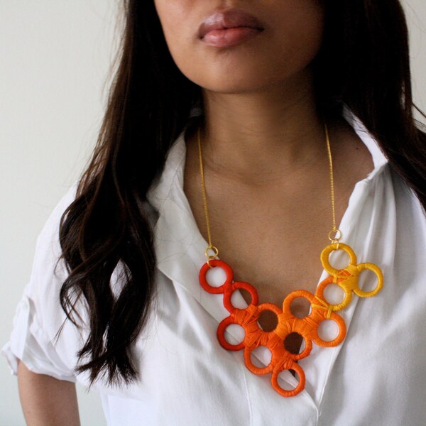 Girl on Fire Unique Upcycled Geometric Necklace inspired by The Hunger Games in Red, Orange, and Yellow