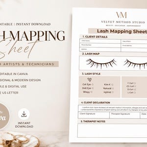 May include: A printable lash mapping sheet with the text "Lash Mapping Sheet" and "For Lash Artists & Technicians." The sheet includes sections for client details, lash map, lash style, client declaration, and therapist notes. The design is professional and modern.