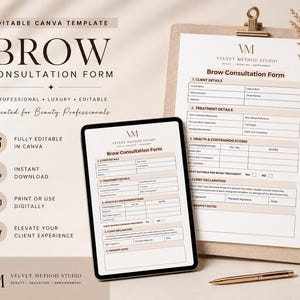 Könnte beinhalten: Ein digitales Tablet und ein Klemmbrett zeigen ein Augenbrauen-Beratungsformular. Das Formular enthält Abschnitte für Kundendaten, Behandlungsdetails und Gesundheitsinformationen. Der Text "Brow Consultation Form" ist deutlich sichtbar. Das Bild enthält auch den Text "Editable Canva Template".