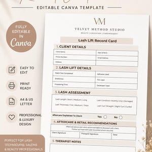 May include: A printable Lash Lift Record Card template, designed for beauty professionals. The beige and white design includes sections for client details, lash lift specifics, and aftercare recommendations. The template is fully editable in Canva and available for instant download.