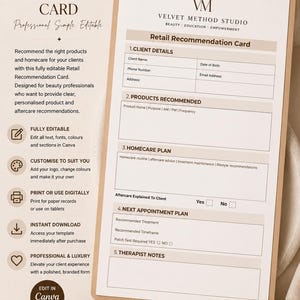 May include: A retail recommendation card on a clipboard with gold hardware. The card is designed for beauty professionals and includes sections for client details, product recommendations, homecare plans, and therapist notes. The card is fully editable in Canva.