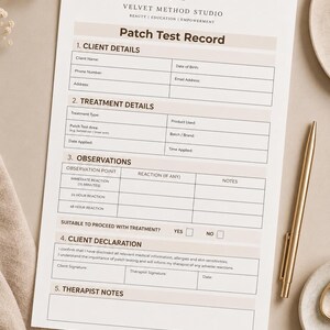 May include: A printed Patch Test Record form from Velvet Method Studio, held by a gold clip. The form includes sections for client details, treatment details, observations, client declaration, and therapist notes. The form is designed for beauty, education, and empowerment.