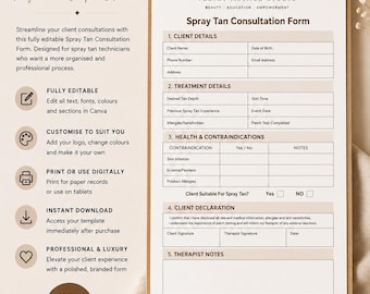 Modulo di consultazione per abbronzatura spray modificabile / Scheda cliente di lusso (download digitale)