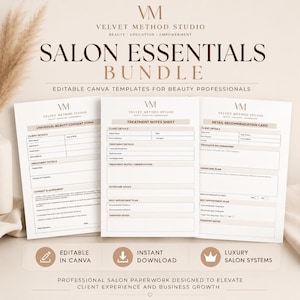 May include: A bundle of salon paperwork templates, including a consent form, treatment notes sheet, and retail recommendation card. The templates are designed for beauty professionals and are editable in Canva. The text reads "Salon Essentials Bundle".