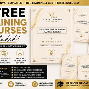 Peut inclure: Un ensemble de manuels de formation professionnelle pour la Velvet Lounge Academy comprenant cinq cours : contrôle des infections, consultation et tenue de dossiers, sécurité des clients, premiers secours et normes professionnelles.