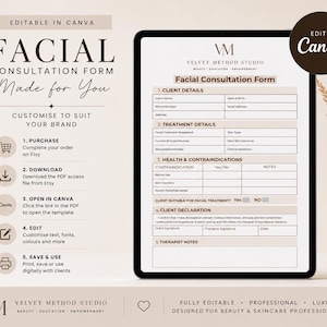 Pode incluir: Um tablet digital exibe um modelo de "Formulário de Consulta Facial". O formulário inclui seções para detalhes do cliente, detalhes do tratamento e contraindicações. O design é elegante com uma paleta de cores neutras, e o texto "Edit in Canva" é visível.