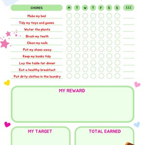 Peut inclure: Un tableau de récompenses coloré avec le texte "MY REWARDS CHART" en rose. Il comprend une liste de tâches, des espaces pour marquer les progrès quotidiens et des sections pour les récompenses, les objectifs et le total gagné. Décoré avec un arc-en-ciel, des étoiles et des cœurs.