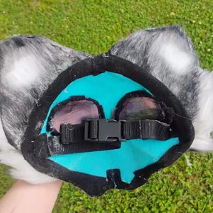 Puede incluir: Una diadema de orejas de animal hecha de piel sint&eacute;tica moteada en gris y blanco. El forro interior es de fieltro turquesa brillante con un borde de tela negra. Una correa de nailon negra ajustable con hebilla de pl&aacute;stico est&aacute; en el centro.