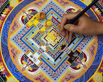 Schilderset Kalachakra-mandala, Tibetaans boeddhistisch kunstcanvas, Mindful Craft (55 x 55 cm)