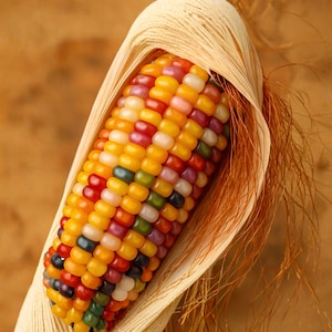 May include: An ear of multicolored flint corn with kernels in shades of yellow, red, orange, purple, blue, and white. The cob is partially wrapped in light tan dried husks, with long, thin, brown silk strands extending from the top of the ear.