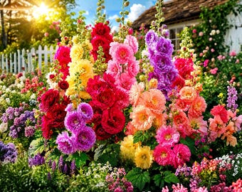 Más de 200 semillas de malva gigante de otoño, semillas de Alcea rosea (flor tradicional), flores para polinizadores, flores altas para jardines rústicos.