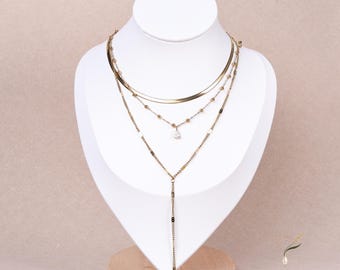 18K Gold Plated Layered Y Necklace, Stainless Steel CZ Drop Necklace, Waterproof Layered Chain, Dainty Gold Lariat Necklace
