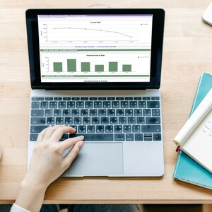 May include: A silver laptop displaying financial charts and graphs on its screen, positioned next to a white ceramic mug filled with black coffee and a teal notebook with handwritten notes on white paper, all arranged on a light wood surface.