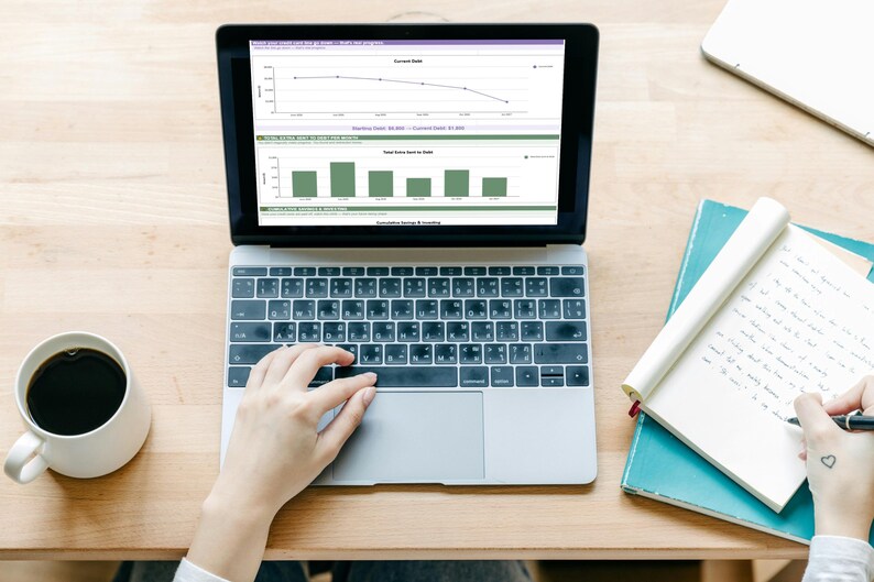 May include: A silver laptop displaying financial charts and graphs on its screen, positioned next to a white ceramic mug filled with black coffee and a teal notebook with handwritten notes on white paper, all arranged on a light wood surface.