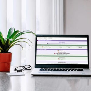 May include: A silver laptop displaying a My Money Reset System dashboard with financial progress bars, a green potted plant in an orange pot, black-rimmed eyeglasses, and a smartphone. The screen shows data including a $3,843 total and credit card payoff goals.