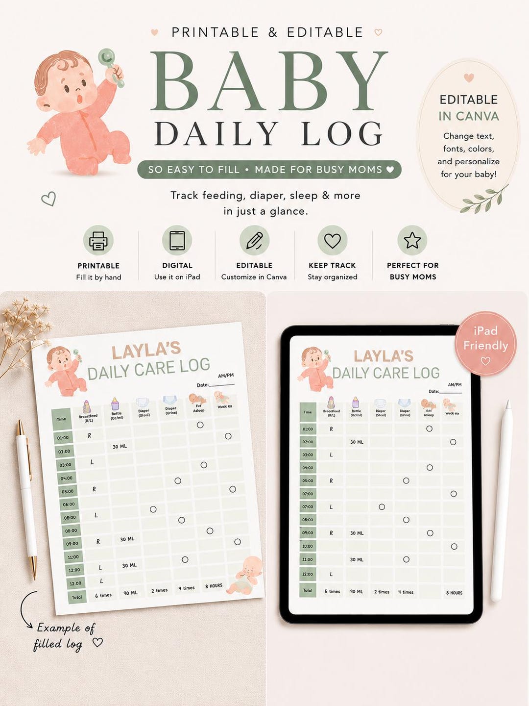 Newborn Daily Log Printable, Feeding Diaper Sleep Log, Editable Baby ...