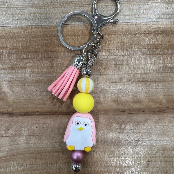 Pink Penguin Silicone Bead Lobster Clasp Keychain Purse Charm