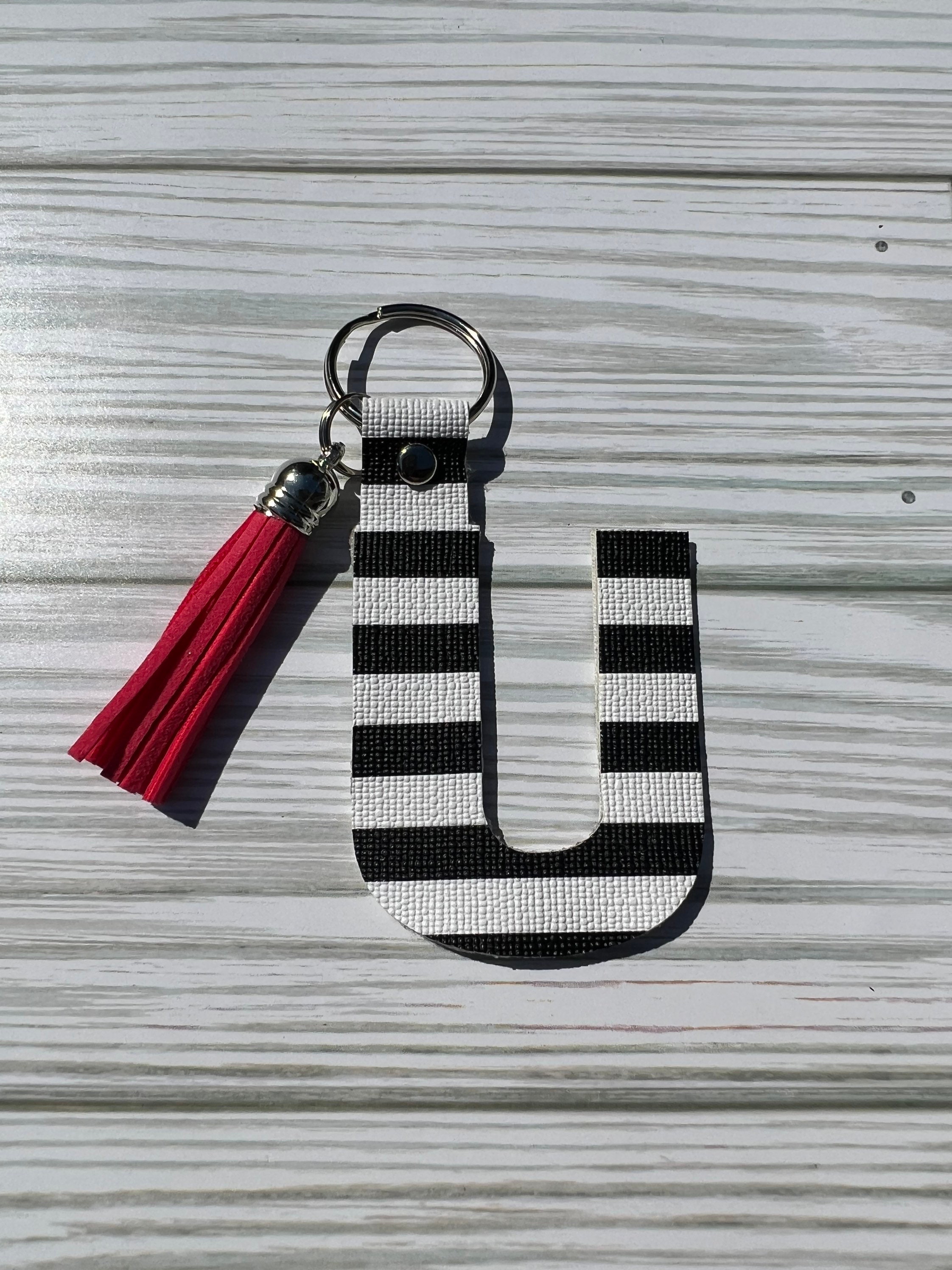 Creative Leather Checkered Stripe Acrylic Keychain Black White