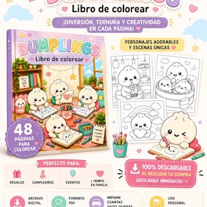 Puede incluir: Un libro de colorear digital titulado Dumplings Libro de colorear con 48 páginas de personajes de dumplings. La portada muestra ilustraciones de dumplings dibujando y coloreando. Incluye texto como Archivo Digital, 100% Descargable y Formato PDF.