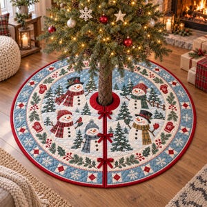 May include: A round, quilted Christmas tree skirt featuring a light blue background with a snowy landscape, evergreen trees, and four snowmen wearing hats and scarves. The border is decorated with red berries, holly leaves, and snowflakes.