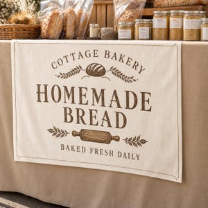 May include: A beige fabric table runner featuring brown printed text that reads COTTAGE BAKERY HOMEMADE BREAD BAKED FRESH DAILY. The design includes a central illustration of a loaf of bread, wheat stalks, and a rolling pin centered on the cloth.