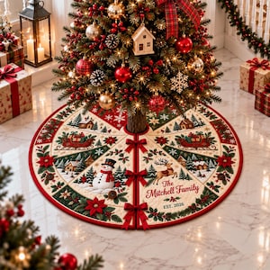 May include: A circular Christmas tree skirt featuring a quilted pattern with red, green, and cream panels. It displays illustrations of a snowman, a reindeer, a sleigh, and houses. The text reads The Mitchell Family EST. 2026 with red bows.