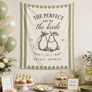 Perfect Pair Bridal Shower Banner, Personalized Pear Tapestry, Sage Green Bride Backdrop, Custom Wedding Shower Decor