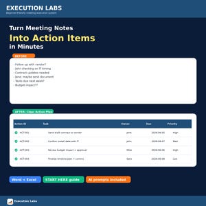Könnte beinhalten: Ein digitales Grafik von Execution Labs mit dem Titel "Besprechungsnotizen in Aktionspunkte in Minuten umwandeln". Das Bild zeigt einen Vorher-Nachher-Vergleich von Besprechungsnotizen und einem Aktionsplan mit einer Tabelle, die Aufgaben, Eigentümer, Fälligkeitstermine und Prioritäten detailliert. Enthält Schaltflächen "Word + Excel", "START HERE guide" und "AI prompts included".