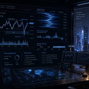 May include: A high-tech office environment with multiple computer screens showing financial data and graphs. The screens display market analysis, risk management, and trade plans. A cityscape is visible through a large window. Text at the top reads "MARKET INTELLIGENCE COMMAND".