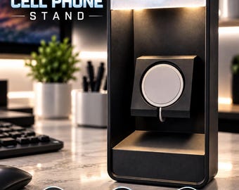 May include: A black rectangular cell phone stand featuring a built-in circular wireless charging pad and an integrated LED light panel at the top. The stand displays the text PHONE at the top and includes icons for wireless charger and LED lighting.