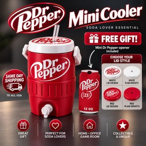 May include: A red cylindrical Dr Pepper beverage cooler with a white lid, a white spigot at the base, and a clear straw. Beside it is a red Dr Pepper can-shaped opener. The image displays text options for four different lid styles.