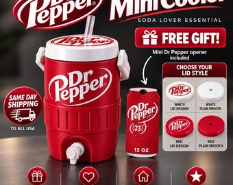 May include: A red cylindrical Dr Pepper beverage cooler with a white lid, a white spigot at the base, and a clear straw. Beside it is a red Dr Pepper can-shaped opener. The image displays text options for four different lid styles.