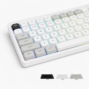 May include: A white mechanical keyboard featuring a QWERTY layout with a mix of white, light gray, and a single black ESC key. The keys have black lettering and are illuminated by RGB backlighting. Three individual keycaps are shown below.