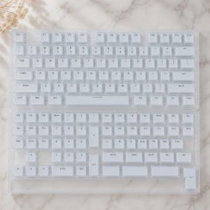 Può includere: Una tastiera meccanica trasparente con layout QWERTY standard e tasti bianchi. La tastiera include un tastierino numerico completo, tasti funzione e frecce direzionali, il tutto racchiuso in una cornice di plastica trasparente.