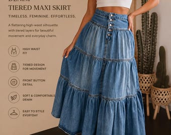 Little Lux Tiered Denim Maxi Skirt, High Waist Boho A-Line Button Front
