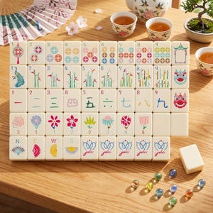 May include: A complete Mahjong set with ivory-colored tiles featuring colorful illustrations of dragons, flowers, and bamboo. The set includes marbles and a white tile, arranged on a wooden table, with tea cups and a bonsai tree in the background.