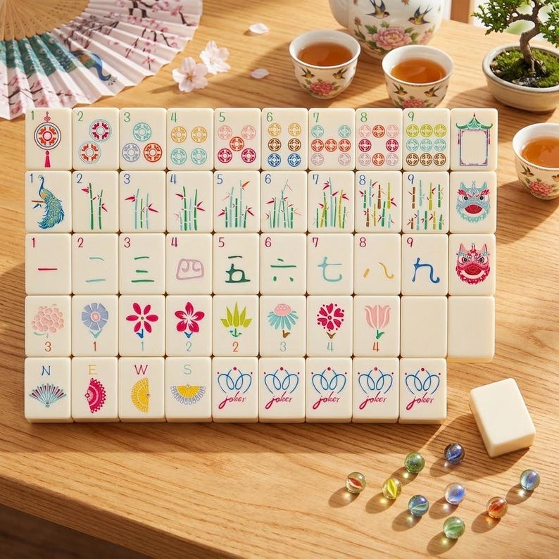 May include: A complete Mahjong set with ivory-colored tiles featuring colorful illustrations of dragons, flowers, and bamboo. The set includes marbles and a white tile, arranged on a wooden table, with tea cups and a bonsai tree in the background.