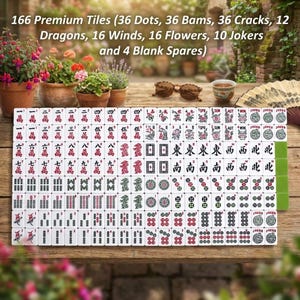 May include: A complete set of 166 premium Mahjong tiles, including dots, bams, cracks, dragons, winds, flowers, jokers, and blank spares. The tiles are arranged on a wooden surface, with text at the top indicating the tile count and types.