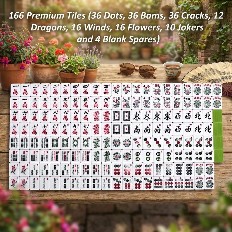 May include: A complete set of 166 premium Mahjong tiles, including dots, bams, cracks, dragons, winds, flowers, jokers, and blank spares. The tiles are arranged on a wooden surface, with text at the top indicating the tile count and types.