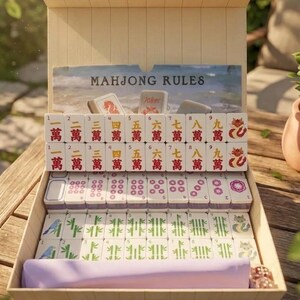 May include: A Mahjong set in a light-colored wooden box with a lid featuring the text Mahjong Rules. The set includes white tiles with red Chinese characters, green bamboo patterns, and colorful dragon icons, arranged in rows with a purple cloth.