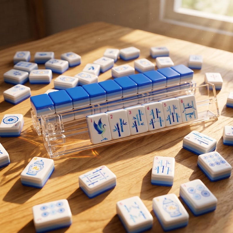 May include: A complete Mahjong set with blue and white tiles, displayed on a wooden surface. The tiles are arranged in a clear plastic rack, with additional tiles scattered around. The set includes tiles with various symbols and numbers.