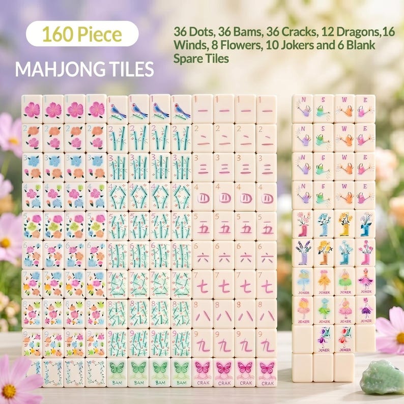 May include: A 160-piece Mahjong tile set. The tiles are white with colorful illustrations and characters. The set includes dots, bams, cracks, dragons, winds, flowers, jokers, and spare tiles. The text "MAHJONG TILES" is at the top.