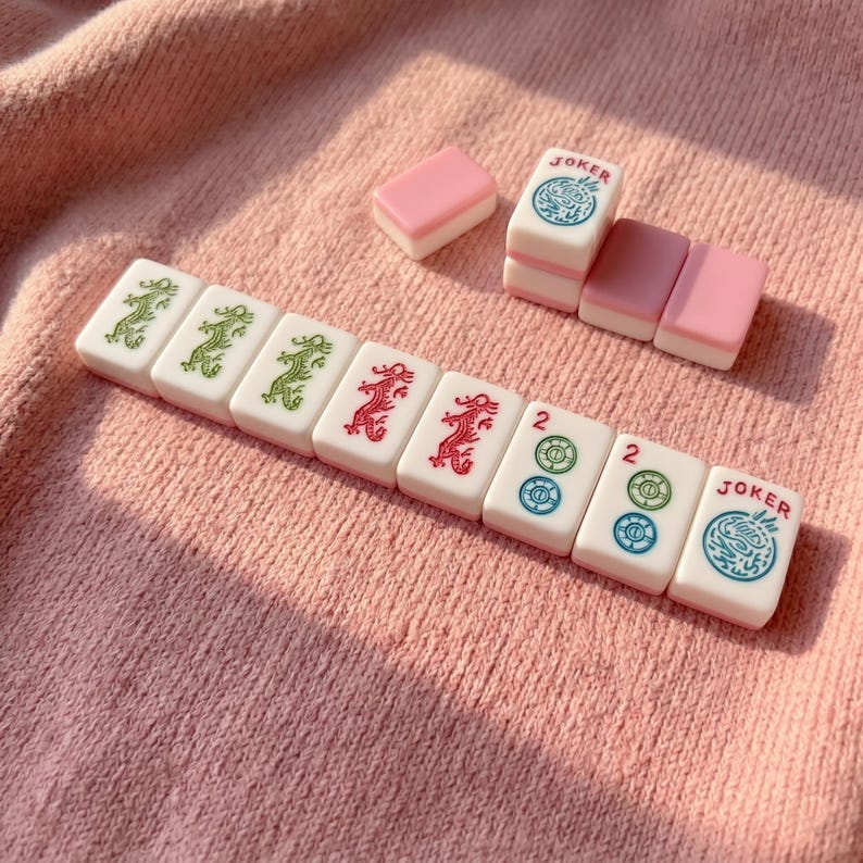 May include: A collection of white Mahjong tiles with green and red dragon designs, along with pink and white tiles. Some tiles display the word "JOKER" and the number "2". The tiles are arranged on a pink knitted surface.