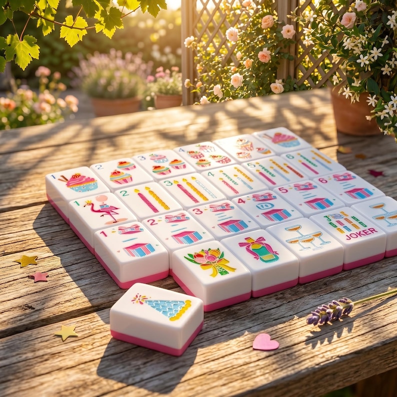 May include: A set of white Mahjong tiles with pink edges, featuring colorful illustrations of cupcakes, gifts, and flamingos. The tiles are arranged on a wooden surface, with a few tiles in focus, and the word "JOKER" is visible on one tile.