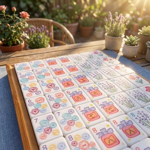 May include: A wooden tray holds a set of white Mahjong tiles, each with unique symbols and numbers. The tiles feature colorful designs, including flowers, circles, and Chinese characters. The game is set outdoors on a wooden table with plants in the background.