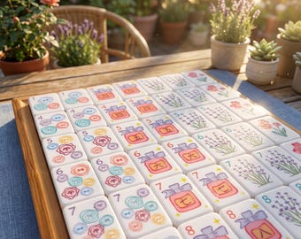 May include: A wooden tray holds a set of white Mahjong tiles, each with unique symbols and numbers. The tiles feature colorful designs, including flowers, circles, and Chinese characters. The game is set outdoors on a wooden table with plants in the background.