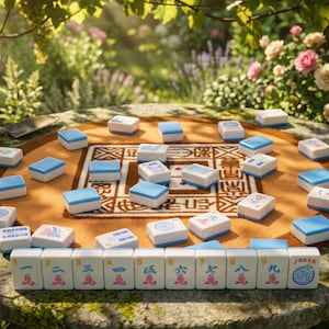 K&ouml;nnte beinhalten: Ein Set aus wei&szlig;en und blauen Mahjong-Steinen, angeordnet auf einer gemusterten Matte, mit einem nat&uuml;rlichen Hintergrund im Freien. Die Steine sind nummeriert und weisen verschiedene Symbole auf. Ein Joker-Stein ist sichtbar. Auch Gartenger&auml;te sind vorhanden.