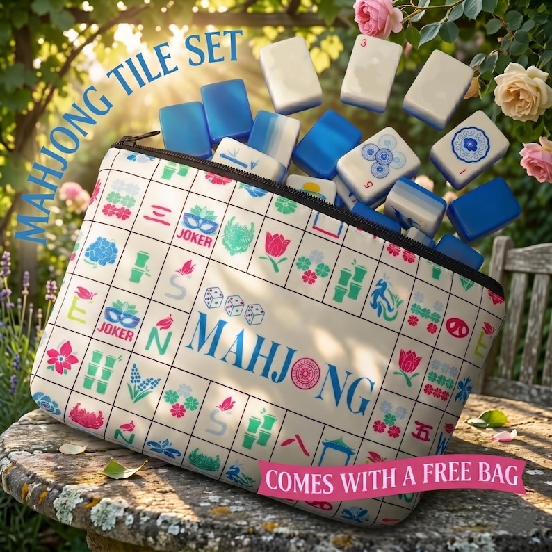 May include: A Mahjong tile set with a cream-colored bag featuring a grid pattern with various symbols and the word "MAHJONG". The bag is filled with blue and white tiles. The text "MAHJONG TILE SET" and "COMES WITH A FREE BAG" are also visible.