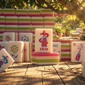 以下が含まれることがあります： 赤いドラゴンのデザインと「CRAK」の文字が入った麻雀牌のクローズアップ。 牌はピンク、白、緑のブロックの上にあります。 さまざまなデザインの他の牌が背景にあり、牌の山もあります。